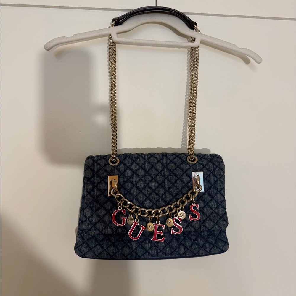 Guess Quilted Navy Shoulder Bag with Gold Chain and Pink Logo Charms